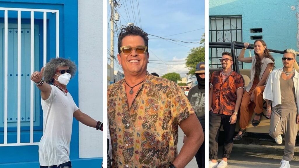Carlos Vives, Mau y Ricky Montaner con el Pibe de rodaje en Pescaíto