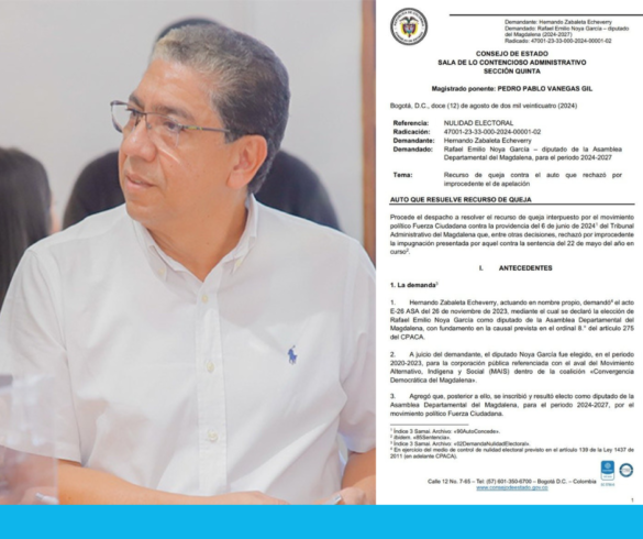 Rafael Noya, diputado del Magdalena enfrenta una demanda de nulidad electoral.