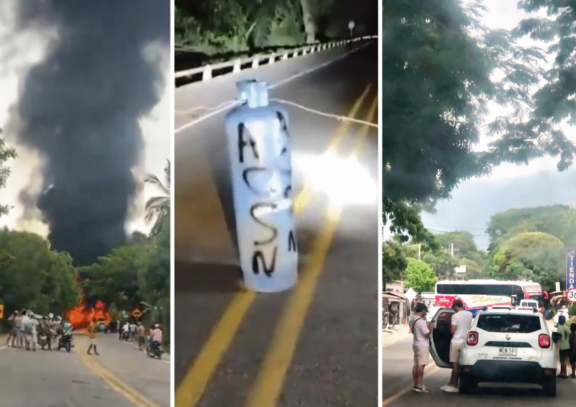 Vehículos de carga y transporte público permanecen varados sobre el asfalto de la Troncal del Caribe debido a las barricadas humanas y las quemas de llantas, una crítica situación de orden público que mantiene confinadas a las comunidades rurales y atrapados a miles de turistas nacionales e internacionales.